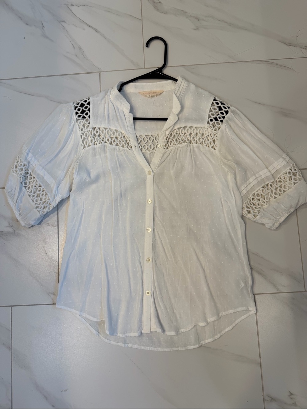 Anthropologie White Button-Front Crochet Yoke Shirt